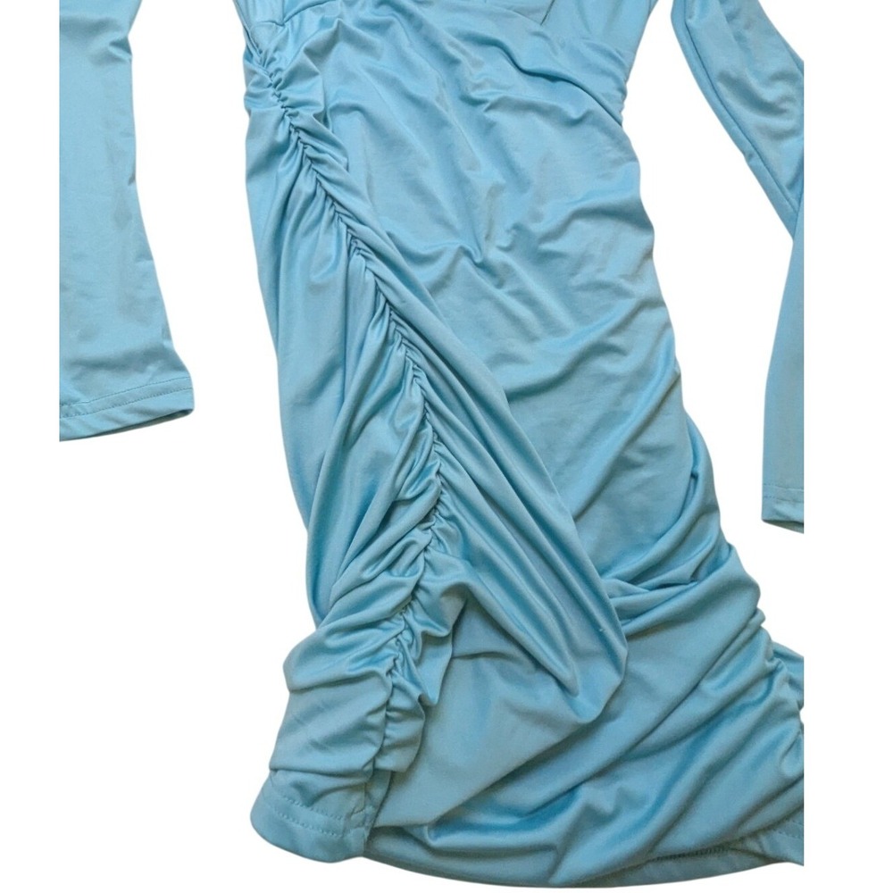 Light Blue Long Sleeve Ruched Bodycon Dress V-Neck Mini Dress - Picture 3 of 9